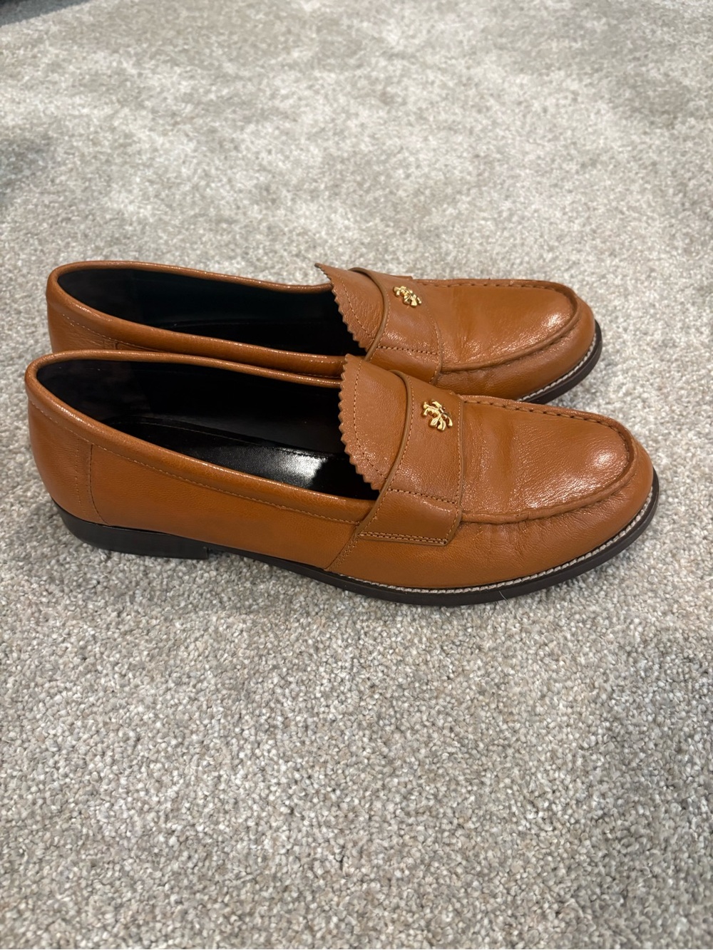 Women’s Tory Burch Tan Leather Penny Loafers with Gold Accent - Picture 3 of 4